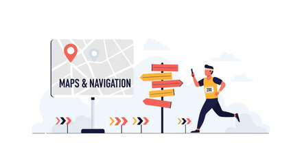 Fototapeta premium Marathon Runner Navigating With Digital Map And Street Sign Direction Guidance