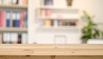 木製デスクと落ち着いたニュートラルカラーのインテリアが調和するモダンなホームオフィス、本に囲まれた静かな知的空間

