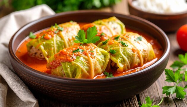 Sarma Stuffed Cabbage Rolls with Tomato Sauce. European Food Close Up