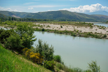 panoramic of wild Vjosa river and mountains. Albania, Europe