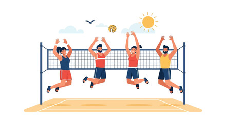 Energetic People Playing Volleyball On Sandy Beach Under Summer Sun Illustration