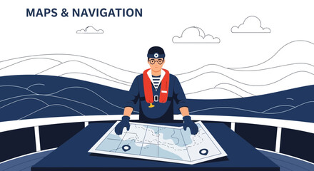 Maritime Navigator Planning Voyage With Chart At Sea With Nautical Elements