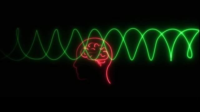 Profile of a human head with neon glowing black background animation and hexagonal brain madical man icon animation structure, artificial intelligence and technology motion