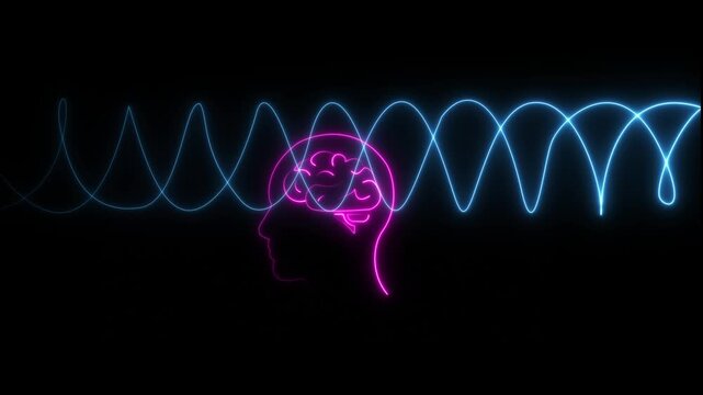 Profile of a human head with neon glowing black background animation and hexagonal brain madical man icon animation structure, artificial intelligence and technology motion