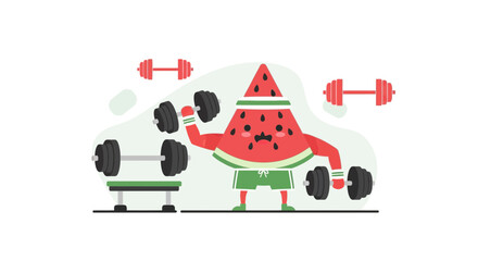 Naklejka premium Funny Watermelon Character Lifting Weights Doing Biceps Curls In The Gym