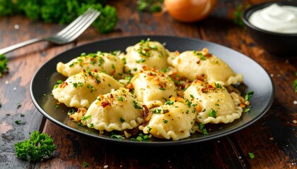 Pierogi with Potato and Cheese Served with Sour Cream. European Food Close Up