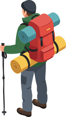 Fototapeta premium Backpacker with red backpack and hiking poles trekking outdoor adventure vector illustration