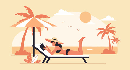 Enjoying Sunny Day With Book Under Palm Tree On Tropical Beach