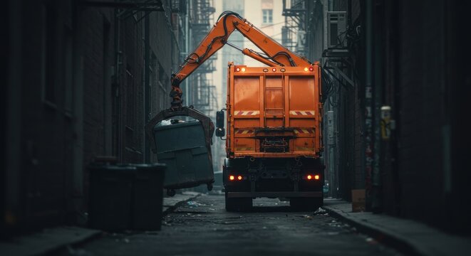 Urban sanitation in an alleyway showing an industrial waste management truck  grabbing a dumpster