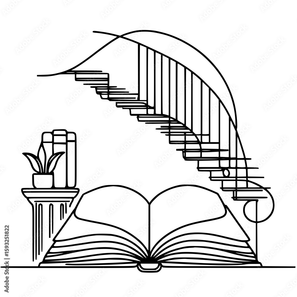 Poster open book with stairs and decorative elements in single line outline vector