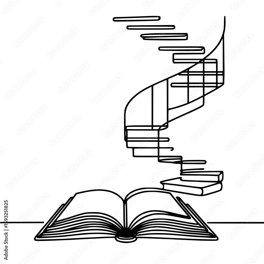 Poster open book with floating stairs and books in single line outline vector