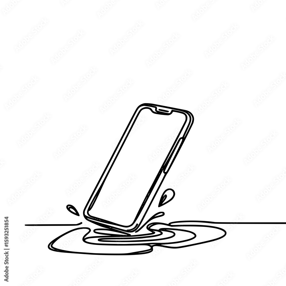 Poster smartphone falling into water with splash effect illustrating a concept of single line outline vecto