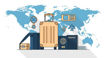 Essential Travel Items Displayed On World Map For Tourism And Vacation Planning