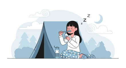 Evening Camping Routine Girl Brushing Teeth Outdoors In Pajamas Illustration