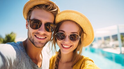 Attractive couple taking summer selfie, beaming, wearing hats and sunglasses near shimmering blue pool and bright sunny skies.