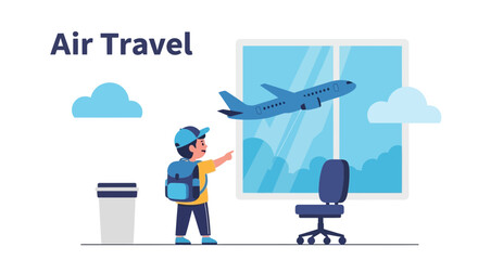 Excited Kid Watching Airplane Flying Ready For Air Travel Adventure
