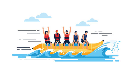 Excited Friends Enjoying Banana Boat Ride Summer Watersport Activity Vacation