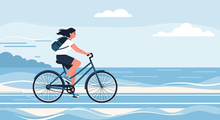 Fototapeta premium Girl Enjoying Bicycle Ride Along Coastal Path On A Sunny Day Illustration