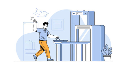 Excited Traveler Airport Security Check Modern Illustration Minimalist Vector Design