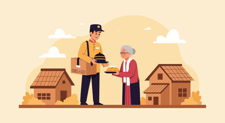 Kind Courier Delivers Prepared Food To Elderly Woman In Her Home Setting
