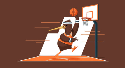 Kiwi Bird Mascot Playing Basketball Dunking Ball Cartoon Vector Illustration