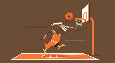 Kiwi Bird On A Basketball Court Preparing To Shoot In Vector Style Design
