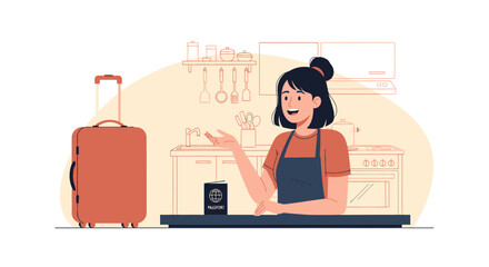 Excited Woman Preparing for Travel with Suitcase and Passport at Home