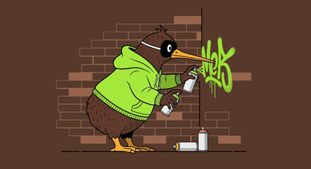 Kiwi Bird Spraying Graffiti On A Brick Wall In Urban Street Art Concept
