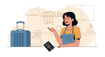 Excited Woman Preparing For A Vacation Trip In The Comfort Of Her Kitchen