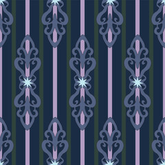 Dark Festive Baroque Stripe Pattern Seamless Violet and Navy Ornament Design