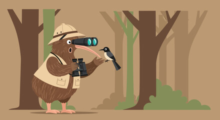 Kiwi Birdwatcher Exploring Forest With Binoculars And Observing A Small Bird