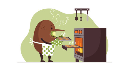 Kiwi Cartoon Character Baking Fresh Cookies In The Oven At Home