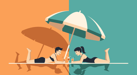 Leisurely Beach Getaway With Tropical Drinks And Relaxing Under Parasol At Seaside