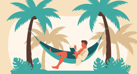 Leisurely Read In Hammock Between Palms Relaxing Vacation Getaway Scene