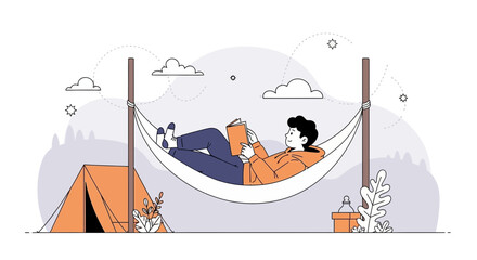 Leisurely Reading In Hammock At Campground Under Sky With Stars And Clouds
