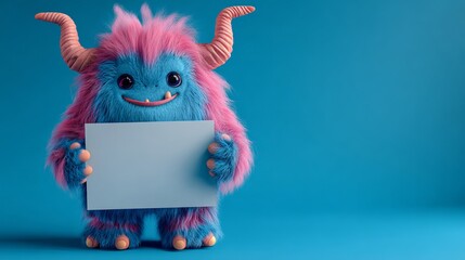 Fototapeta premium Fluffy colorful monster holding blank card, adorable creature with horns isolated on bright blue background provides space