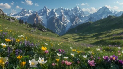 Fototapeta premium Colorful Wildflowers Blooming in a Lush Alpine Meadow with Majestic Snow-Capped Mountains Under a Clear Sky
