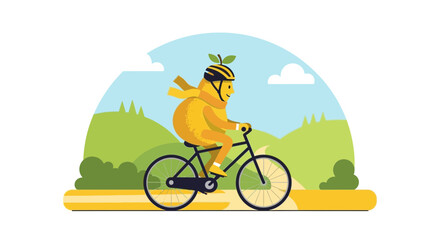 Lemon Character Enjoying A Bike Ride Through Countryside With Hills And Clouds