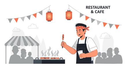 Exciting Street Food Festival With Smiling Vendor and Tasty Grilled Skewers