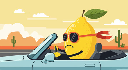 Lemon Character Drives Convertible Car Through Desert Landscape With Retro Style