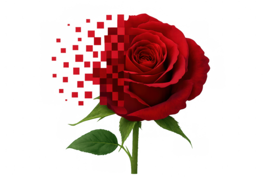 Delicate red rose petals blending, dissolving into pixelated fragments over transparent backdrop, symbolizing digital metamorphosis