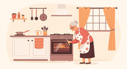 Grandmother Bakes Delicious Pastries In Cozy Kitchen Illustration Artwork