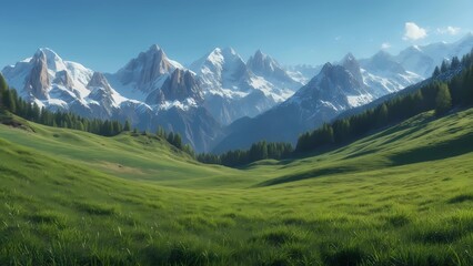 Fototapeta premium Vast Green Valley and Majestic Snow-Capped Mountains Under Clear Blue Sky