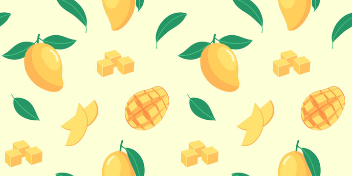 Flat vector illustration of repeating mango fruits, slices, cubes and green leaves on light background. For card, print, wallpaper, summer, tropical, kids and fruit design. Seamless pattern. Minimal.