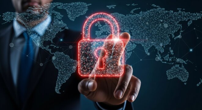 A person touches a glowing red padlock icon superimposed on a digital world map, representing global data security and protection - Powered by Adobe