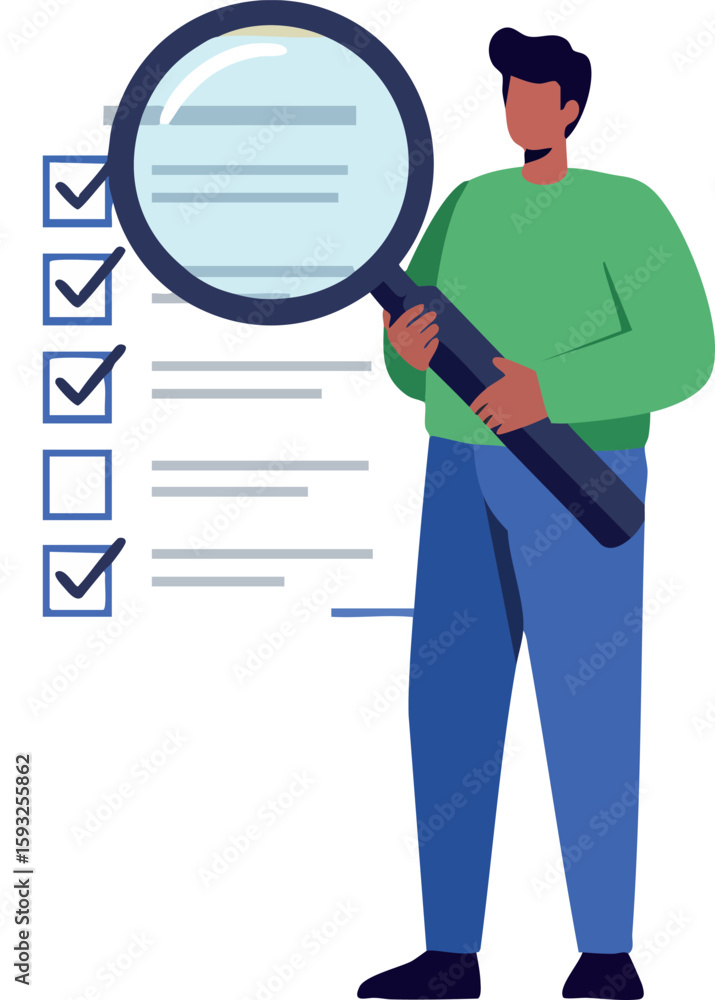 Poster man holding magnifying glass inspecting checklist for accuracy and verification process in vector de