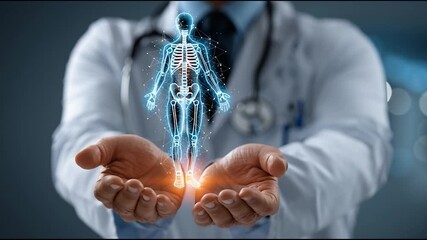 A doctor in a white coat holds a digital hologram of a human skeleton, symbolizing advanced medical technology. - Powered by Adobe