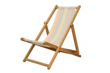 Empty wooden deck chair with pastel striped canvas inviting relaxation on a transparent background