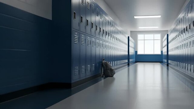 School hallway with blue lockers, backpack, bright window, long perspective; school safety, education, back to school, learning, academic, lockdown drills, educational institution. 