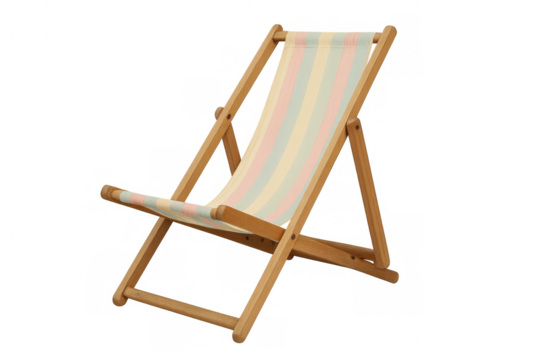 Empty wooden deck chair with pastel striped canvas inviting relaxation on a transparent background